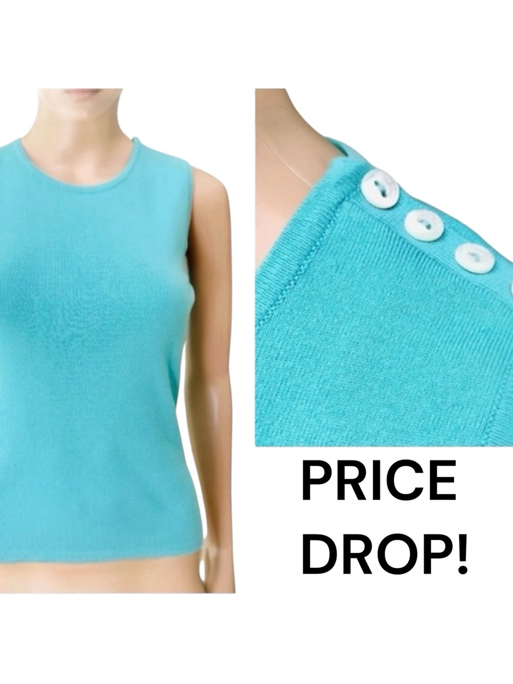 Loro Piana Aqua Turquoise Sleeveless Crewneck Tank with logo button accents Sz M